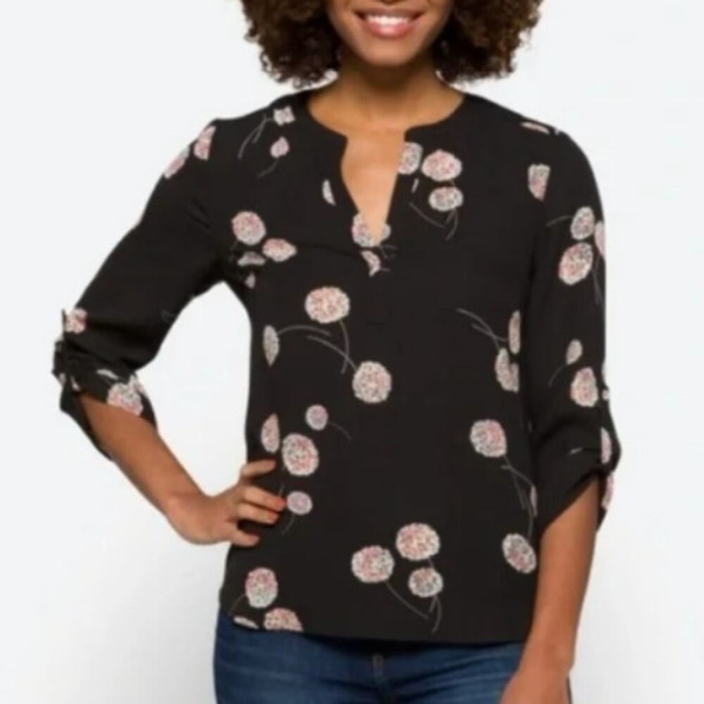 Daniel Rainn Koda Top Womens Large Black Dandelion Floral V-Neck Casual Blouse